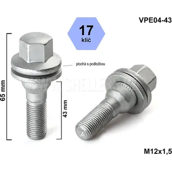 Šroubek na kolo Kolový šroub M12x1,5x43 plochá podložka, klíč 17, VPE04-43, výška 65 mm