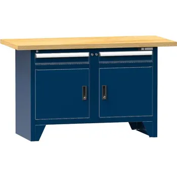 Dílenský stůl Dílenský modulární stůl, deska - multiplex 1500 x 700 mm, 2 x zásuvka, 2 x skříňka, barva tmavě modrá RAL5010