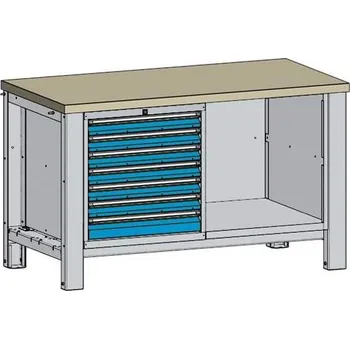 Dílenský stůl Dílenský stůl TECHNO, dvoumodulový šířka 1400 mm, 7 zásuvek, barva šedá RAL7035/modrá RAL5012.