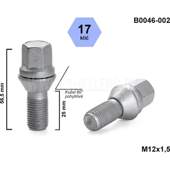 Šroubek na kolo Kolový šroub M14x1,5x25 kužel, pohyblivá, klíč 17, B0046-002, výška 56,5 mm