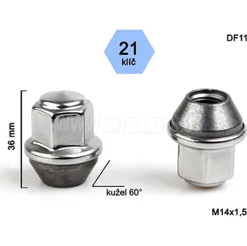 Matice na kolo Kolová matice M14x1,5 Ford, kužel, klíč 21, DF11, uzavřená, nerez. krytka, výška 36