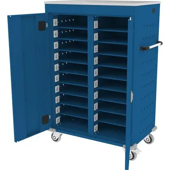 Skříň na notebooky, s napájením, 20 přihrádek, š x h x v: 920x540x1250 mm, barva: korpusu modrá RAL5010/ dveří modrá RAL5010