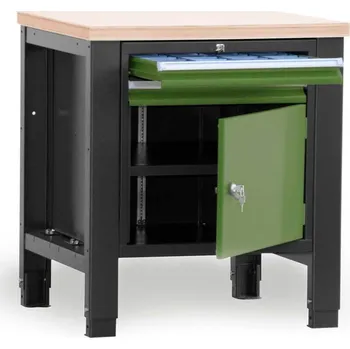 Dílenský stůl Dílenský stůl TECHNO, jednomodulový šířka 800 mm, 2 zásuvky, skříňka, barva antracit RAL7016/zelená RAL6011.
