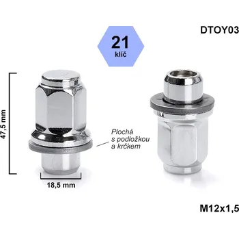 Matice na kolo Kolová matice M12x1,5 zavřená s plochou podložkou, klíč 21, DTOY03, výška 47,5 mm