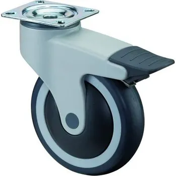Pojezdové kolečko Přístrojové kolo, otočné s brzdou, vidlice s plastu, pr. 100 mm, s plotýnkou nosnost 110 kg