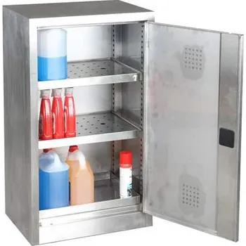 Chemická skříň z nerezu, 1 podlahová a 2 policové záchytné vany, v x š x h: 1040x600x435 mm