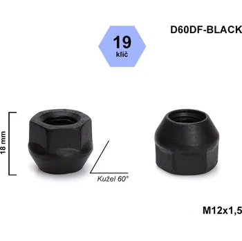 Matice na kolo Kolová matice M12x1,5 kužel otevřená, černá, klíč 19, D60DF-BLACK, FORD, VOLVO výška 18