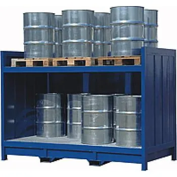 Nářadí na výměnu oleje Regál na sudy se záchytnou vanou, otevřený, stojaté uložení sudů, v x š x h: 2000x2900x1400 mm.