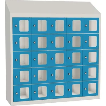 Minibox, 25 schránek s průzorem, v x š x h: 1090x1000x300 mm, korpus šedý RAL7035 / dvířka modrá RAL5012