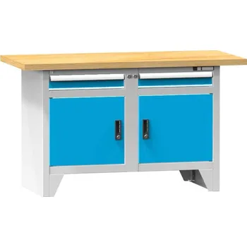 Dílenský stůl Dílenský modulární stůl, deska - multiplex 1500 x 700 mm, 2 x zásuvka, 2 x skříňka, korpus šedá RAL7035/dvířka modrá RAL5012