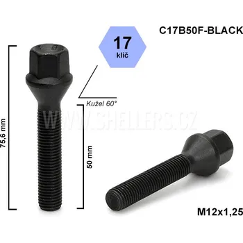 Šroubek na kolo Kolový šroub M12x1,25x50 kužel, klíč 17, C17B50F-BLACK, černý, výška 76,5 mm