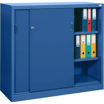 Kovová skříň s posuvnými dveřmi, v x š x h: 1040 x 1000 x 435 mm, barva modrá RAL5010 / modrá RAL5010