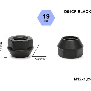 Matice na kolo Kolová matice M12x1,25 kužel otevřená, klíč 19, černá, D61CF-BLACK, výška 15