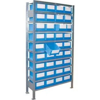 Dílenský regál Regál CLIP s přepravkami 2000x1000x600 mm, základní, 10 polic, 36 ks nádob.