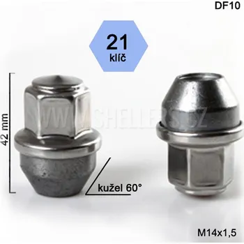 Matice na kolo Kolová matice M14x1,5 Ford Transit, Tesla, kužel, klíč 21, DF10 uzavřená, nerez. krytka, výška 42