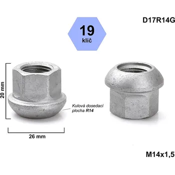 Matice na kolo Kolová matice M14x1,5 VW, PORSCHE, koule R14, klíč 19, D17R14F, V/S otevřená, výška 20