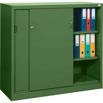 Kovová skříň s posuvnými dveřmi, v x š x h: 1040 x 1400 x 435 mm, barva zelená RAL6011 / zelená RAL6011