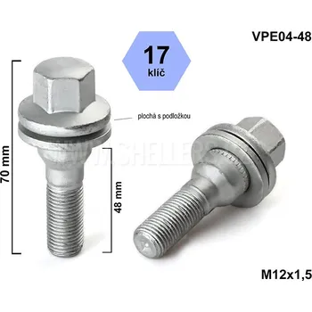 Šroubek na kolo Kolový šroub M12x1,5x48 plochá podložka, klíč 17, VPE04-48, výška 70 mm
