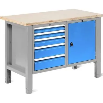 Dílenský stůl Dílenský stůl TECHNO Light, šířka 1245 mm, 5 zásuvek, 1 skříňka, barva šedá RAL7035/modrá RAL5012.