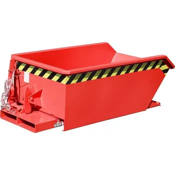 Přepravník Nízký výklopný přepravník se sítkem, výpustný kohout, objem 230 l, nosnost 750 kg, d x š x v: 1385x680x450 mm, barva červená RAL3000