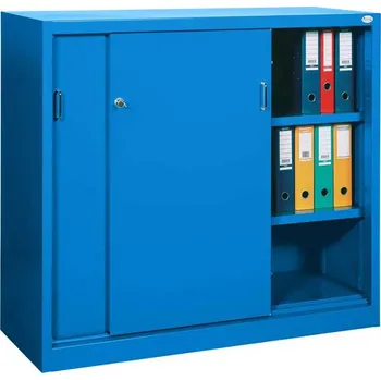 Kovová skříň s posuvnými dveřmi, v x š x h: 1040 x 1400 x 435 mm, barva modrá RAL5012 / modrá RAL5012