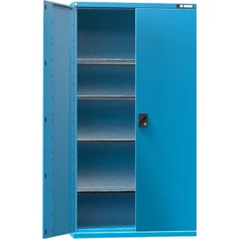 Dílenská skříň, v x š x h: 1950 x 1044 x 655 mm, dveře - dvoukřídlé plné, 4x police 100 kg, barva modrá RAL5012