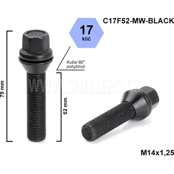 Šroubek na kolo Kolový šroub M14x1,25x52 kužel pohyblivý černý, klíč 17, C17F52-MW-BLACK, výška 79 mm
