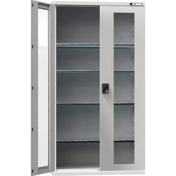 Dílenská skříň, v x š x h: 1950 x 1044 x 655 mm, dveře - dvoukřídlé prosklené, 4x police 100 kg, barva šedá RAL7035