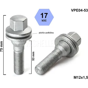 Šroubek na kolo Kolový šroub M12x1,5x53 plochá podložka, klíč 17, VPE04-53, výška 75 mm