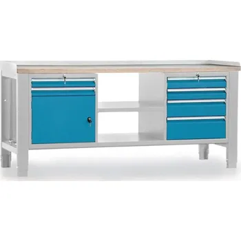 Dílenský stůl Dílenský stůl TECHNO, třímodulový šířka 2000 mm, 6 zásuvek, skříňka, barva šedá RAL7035/modrá RAL5012.