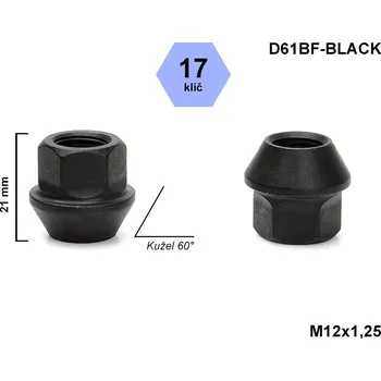 Matice na kolo Kolová matice M12x1,25 kužel otevřená, klíč 17, černá, D61BF-BLACK, výška 21