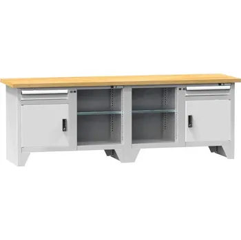 Dílenský stůl Dílenský modulární stůl, deska - multiplex, 2500 x 700 mm, 2 x zásuvka, 2 x skříňka, barva šedá RAL7035