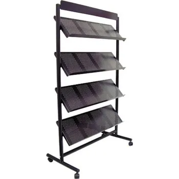 Regál na prospekty, pojízdný, počet polic 4, černý lak, šířka x výška 1060 x 1750 mm.