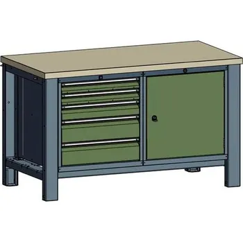 Dílenský stůl Dílenský stůl TECHNO, dvoumodulový šířka 1400 mm, 5 zásuviek, skrinka, barva antracit RAL7016/zelená RAL6011.