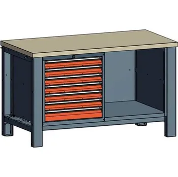 Dílenský stůl Dílenský stůl TECHNO, dvoumodulový šířka 1400 mm, 7 zásuvek, barva antracit RAL7016/oranžová RAL2004.