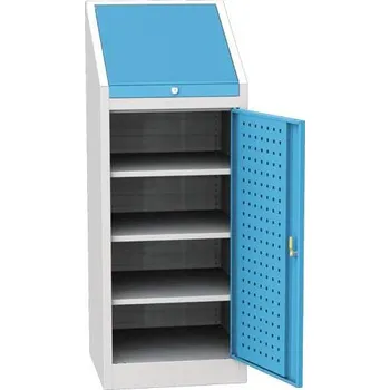 Příruční dílenská skříňka, v x š h: 1300 x 500 x 500 mm, 3 x police, barva šedá RAL7035/ modrá RAL5012