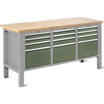 Dílenský stůl Dílenský stůl TECHNO Light, šířka 1765 mm, 12 zásuvek, barva šedá RAL7035/zelená RAL6011.