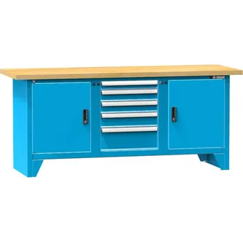 Dílenský stůl Dílenský modulární stůl, deska - buková spárovka, 2000 x 700 mm, 5 x zásuvka, 2 x skříňka, barva modrá RAL5012