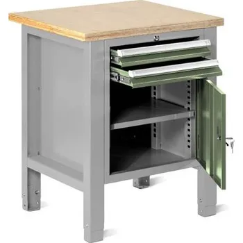 Dílenský stůl Dílenský stůl TECHNO Light, šířka 725 mm, 2 zásuvky, skříňka, barva šedá RAL7035/zelená RAL6011.