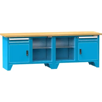 Dílenský stůl Dílenský modulární stůl, deska - buková spárovka, 2500 x 700 mm, 2 x zásuvka, 2 x skříňka, barva modrá RAL5012