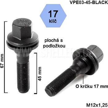Šroubek na kolo Kolový šroub M12x1,25x45, VPE03-45-BLACK, plochá podložka, CITROËN, FIAT, PEUGEOT, černý, klíč 17, výška 67 mm
