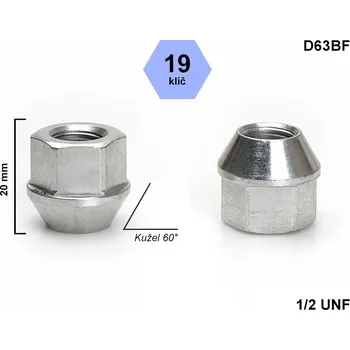 Matice na kolo Kolová matice 1/2 UNF kužel otevřená, klíč 19, D63BF, výška 20