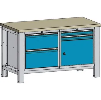Dílenský stůl Dílenský stůl TECHNO, dvoumodulový šířka 1400 mm, 4 zásuvky, skříňka, barva šedá RAL7035/modrá RAL5012.