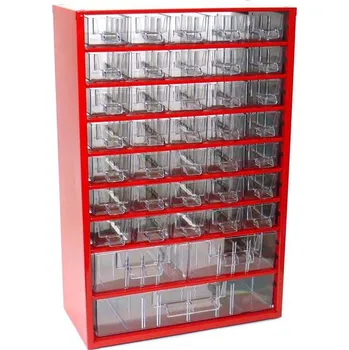 Ukládací skříňka se zásuvkami 306 x 155 x 460 mm, červená, 38 zásuvek
