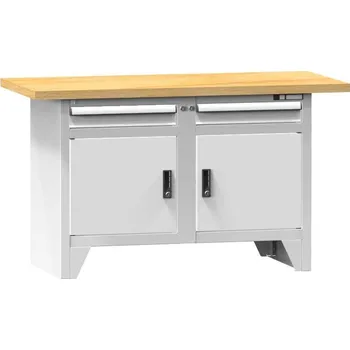 Dílenský stůl Dílenský modulární stůl, deska - multiplex 1500 x 700 mm, 2 x zásuvka, 2 x skříňka, barva šedá RAL7035