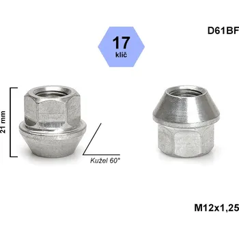 Matice na kolo Kolová matice M12x1,25 kužel otevřená, klíč 17, D61BF, výška 21