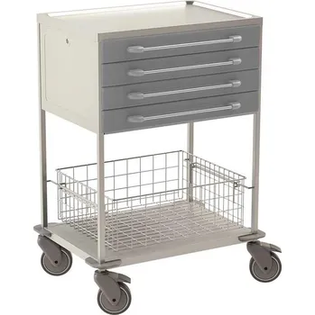 Policový vozík nerezový, 2 police, 1 koš, 4 zásuvky v barvě šedé, v x d x š: 1040x760x560 mm