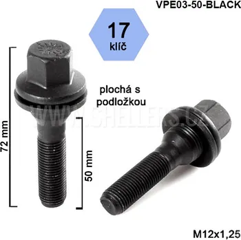 Šroubek na kolo Kolový šroub M12x1,25x50, VPE03-50-BLACK, plochá podložka, CITROËN, FIAT, PEUGEOT, černý, klíč 17, výška 72 mm