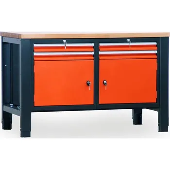 Dílenský stůl Dílenský stůl TECHNO, dvoumodulový šířka 1400 mm, 4 zásuvky, 2 skříňky, barva antracit RAL7016/oranžová RAL2004.