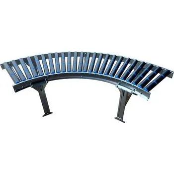 Dopravníkový pás Gravitační dopravník s ocelovými válečky, šířka 300 mm, vzdálenost os 80 mm, oblouk 90° vnitřní pr. 800 mm